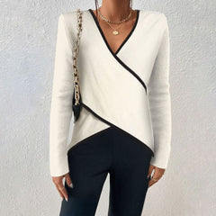 Lotte | Elegante V-hals Wikkel Trui Dames Lange Mouwen Contrastbies