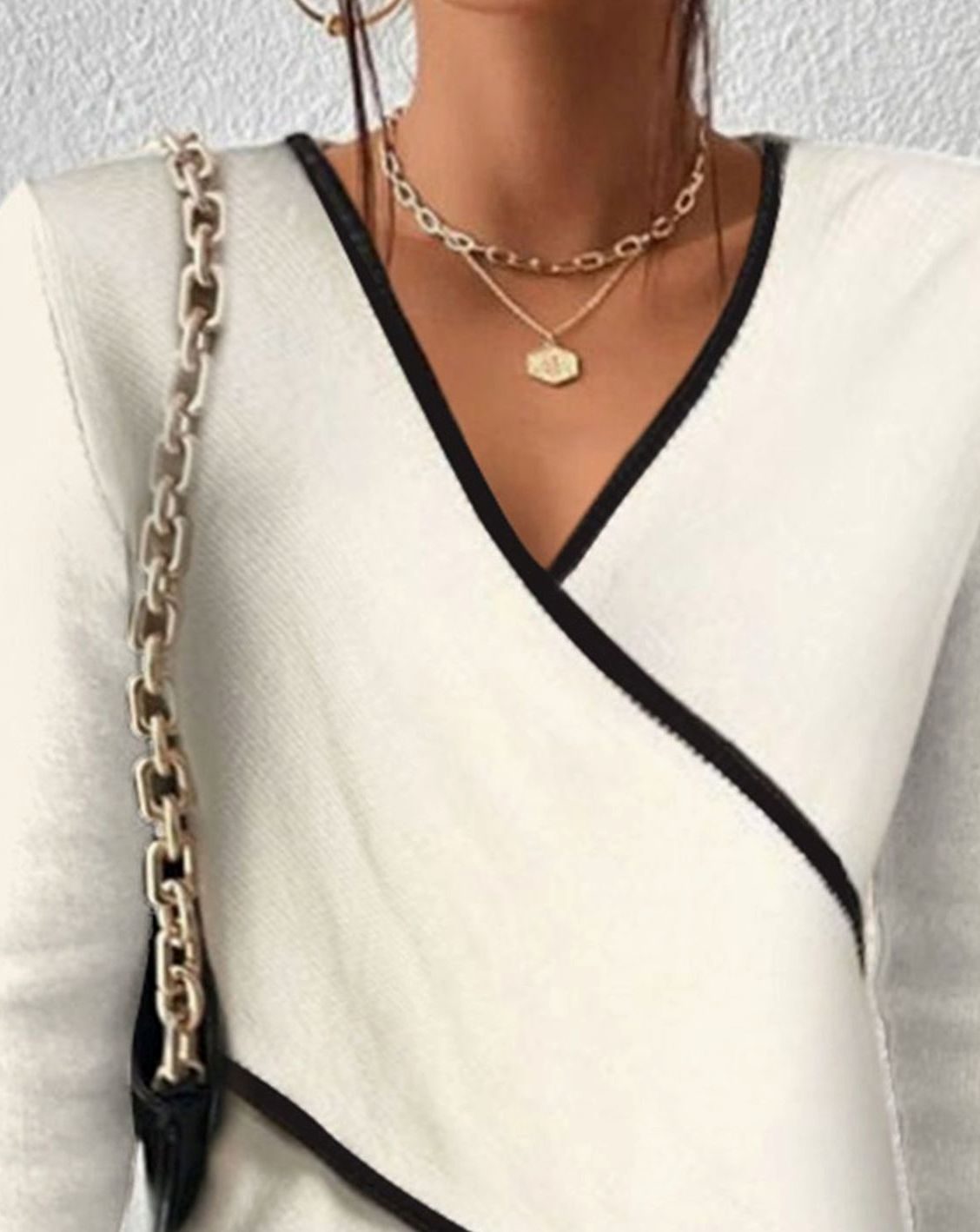 Lotte | Elegante V-hals Wikkel Trui Dames Lange Mouwen Contrastbies