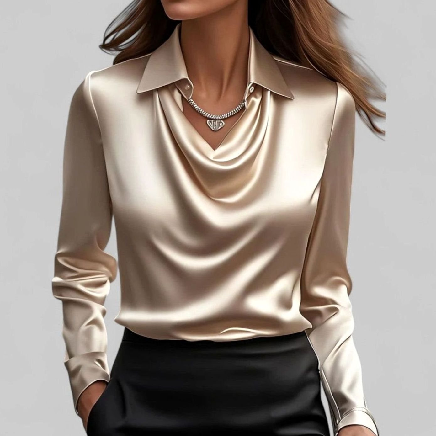 Leonie | Elegante Wasserfallausschnitt Satinbluse für Damen Langarm