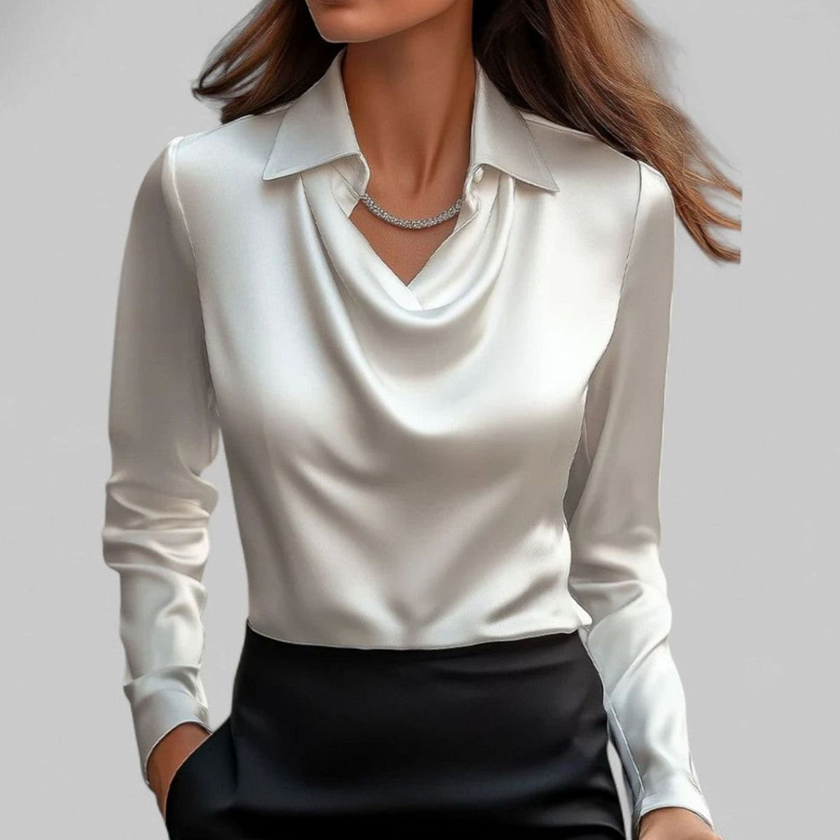 Leonie | Elegante Wasserfallausschnitt Satinbluse für Damen Langarm