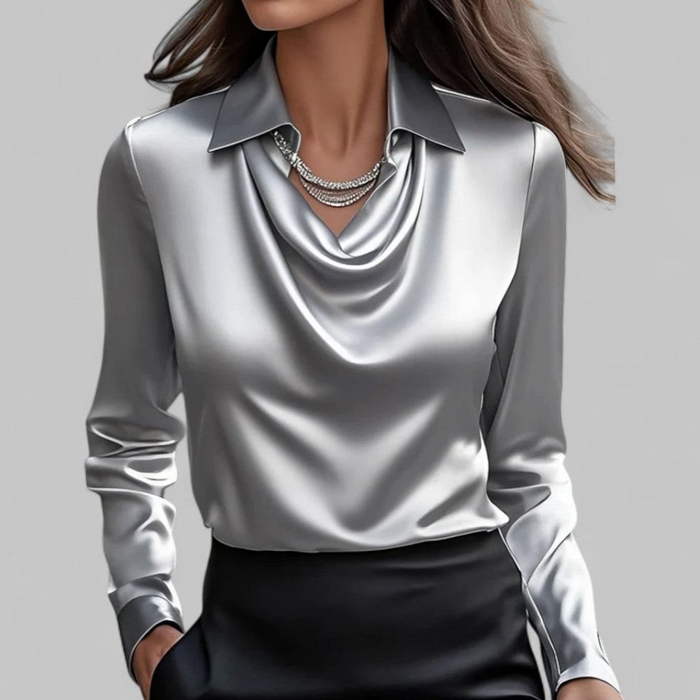 Leonie | Elegante Wasserfallausschnitt Satinbluse für Damen Langarm