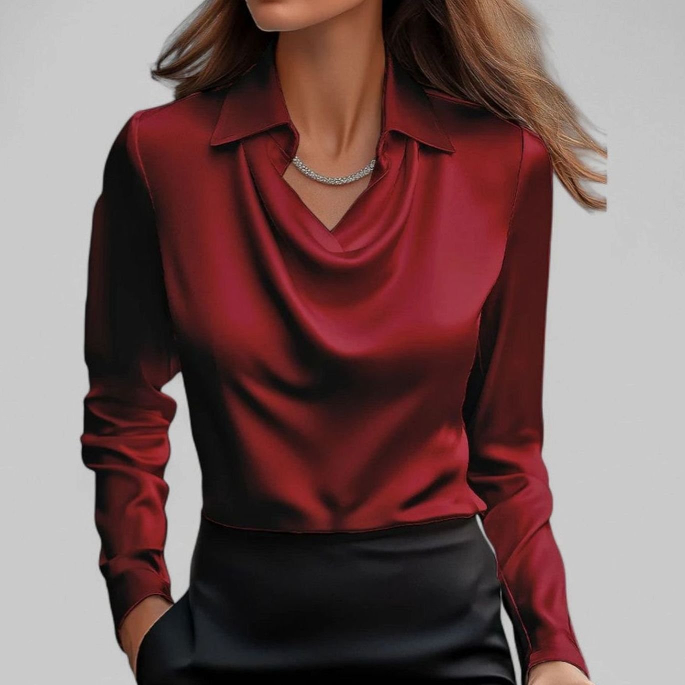 Leonie | Elegante Wasserfallausschnitt Satinbluse für Damen Langarm