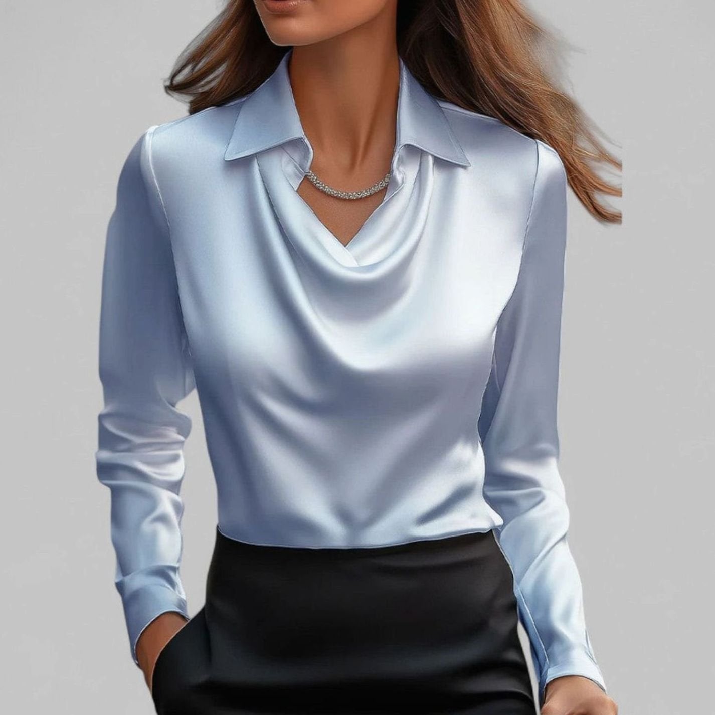 Leonie | Elegante Wasserfallausschnitt Satinbluse für Damen Langarm