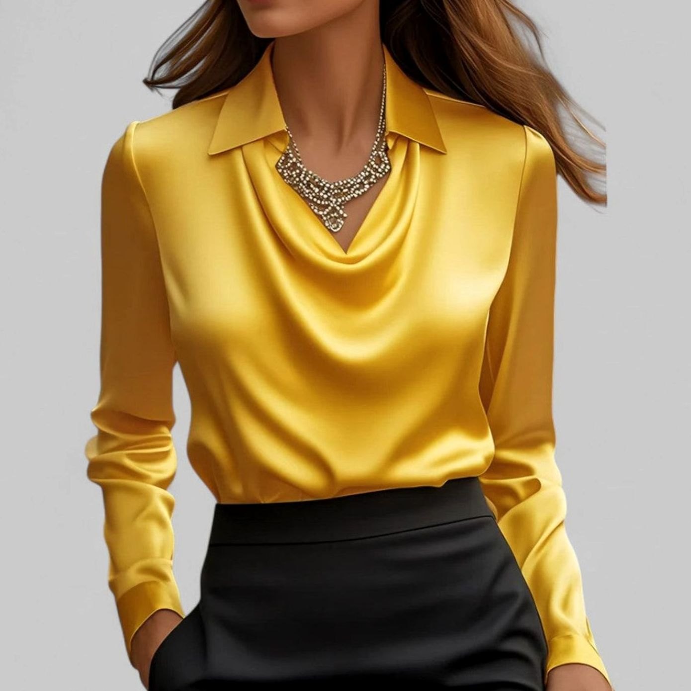 Leonie | Elegante Wasserfallausschnitt Satinbluse für Damen Langarm