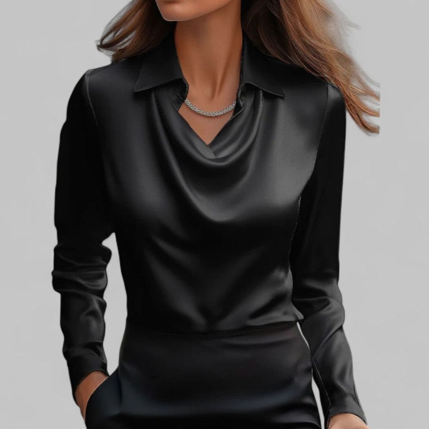 Leonie | Elegante Wasserfallausschnitt Satinbluse für Damen Langarm
