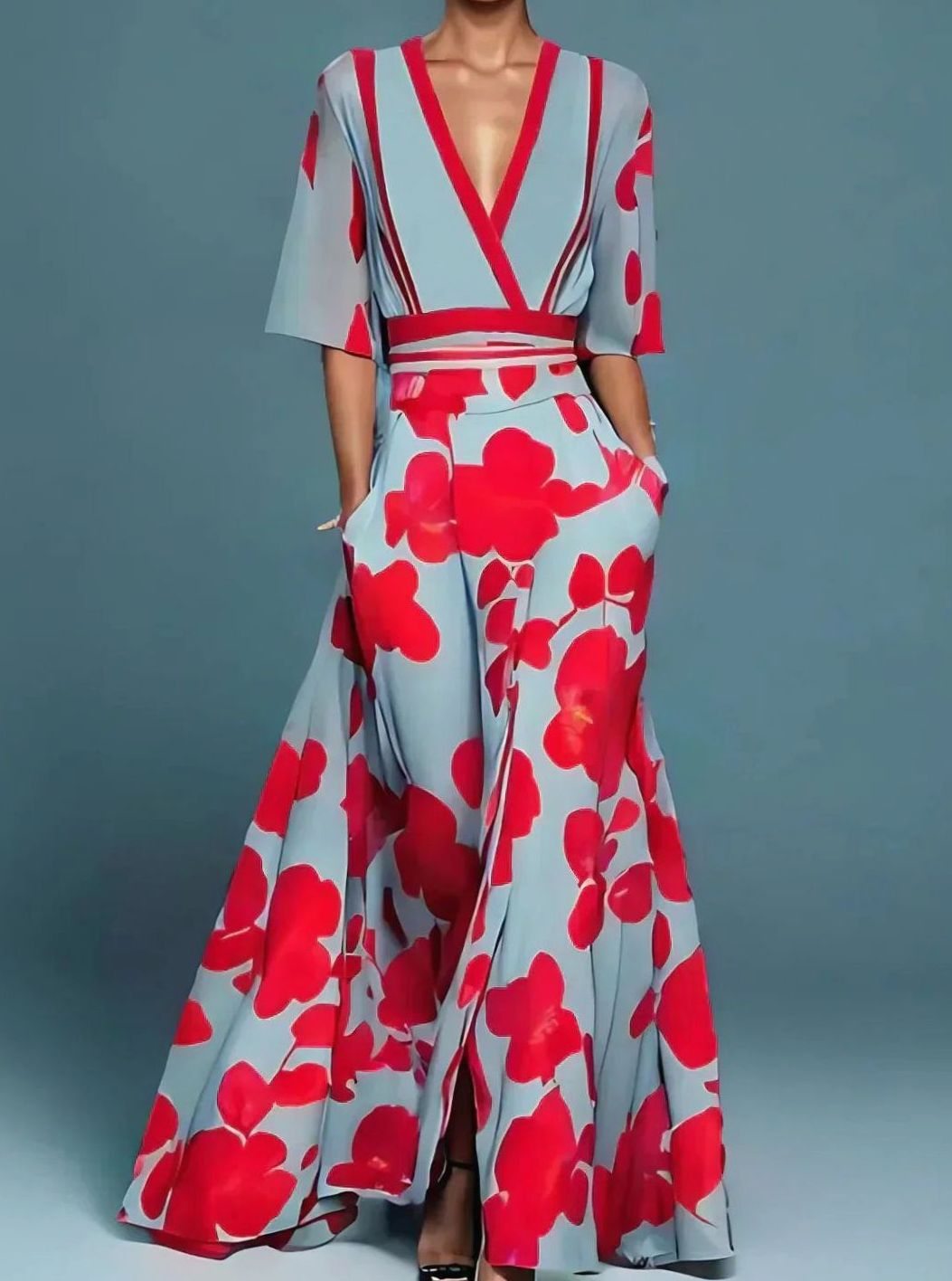 Elfriede | Elegantes Maxikleid mit Blumenmuster tiefem V-Ausschnitt fließendem Schnitt