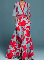 Elfriede | Elegantes Maxikleid mit Blumenmuster tiefem V-Ausschnitt fließendem Schnitt