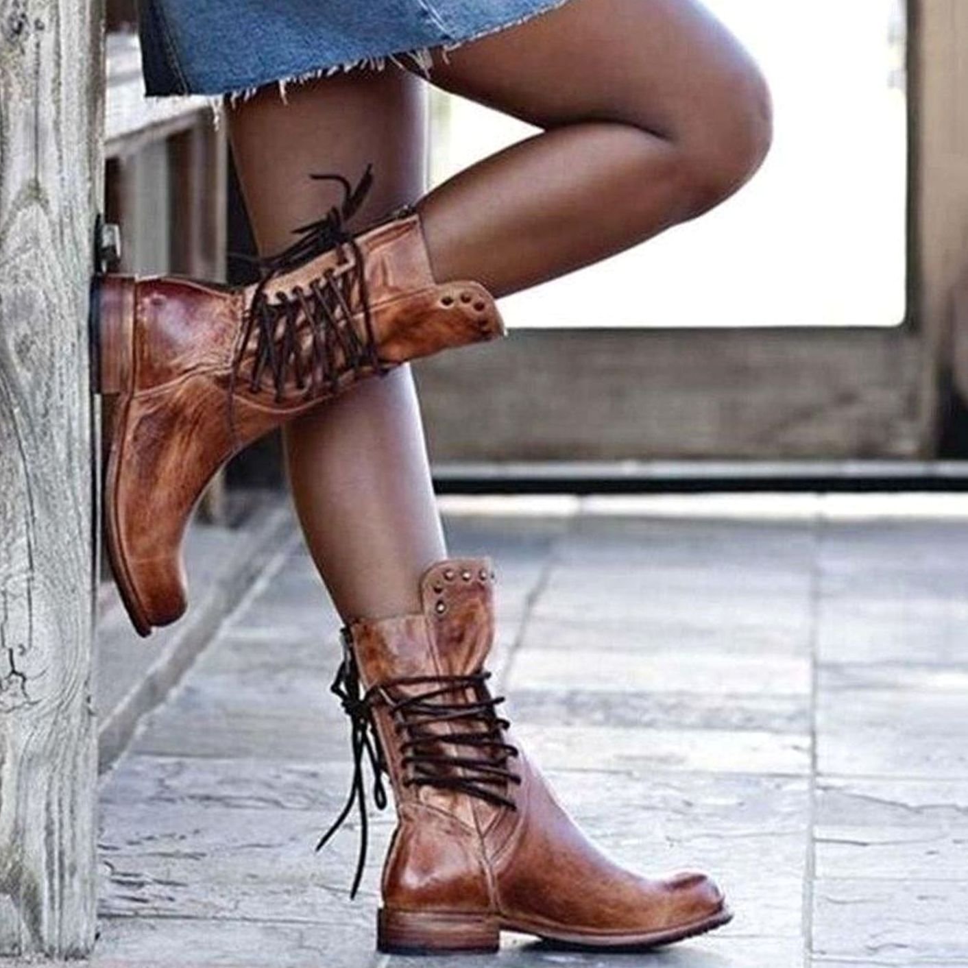 Anna | Enkellaarsjes Dames Vintage Veterschoenen Blokhak Nietendetail