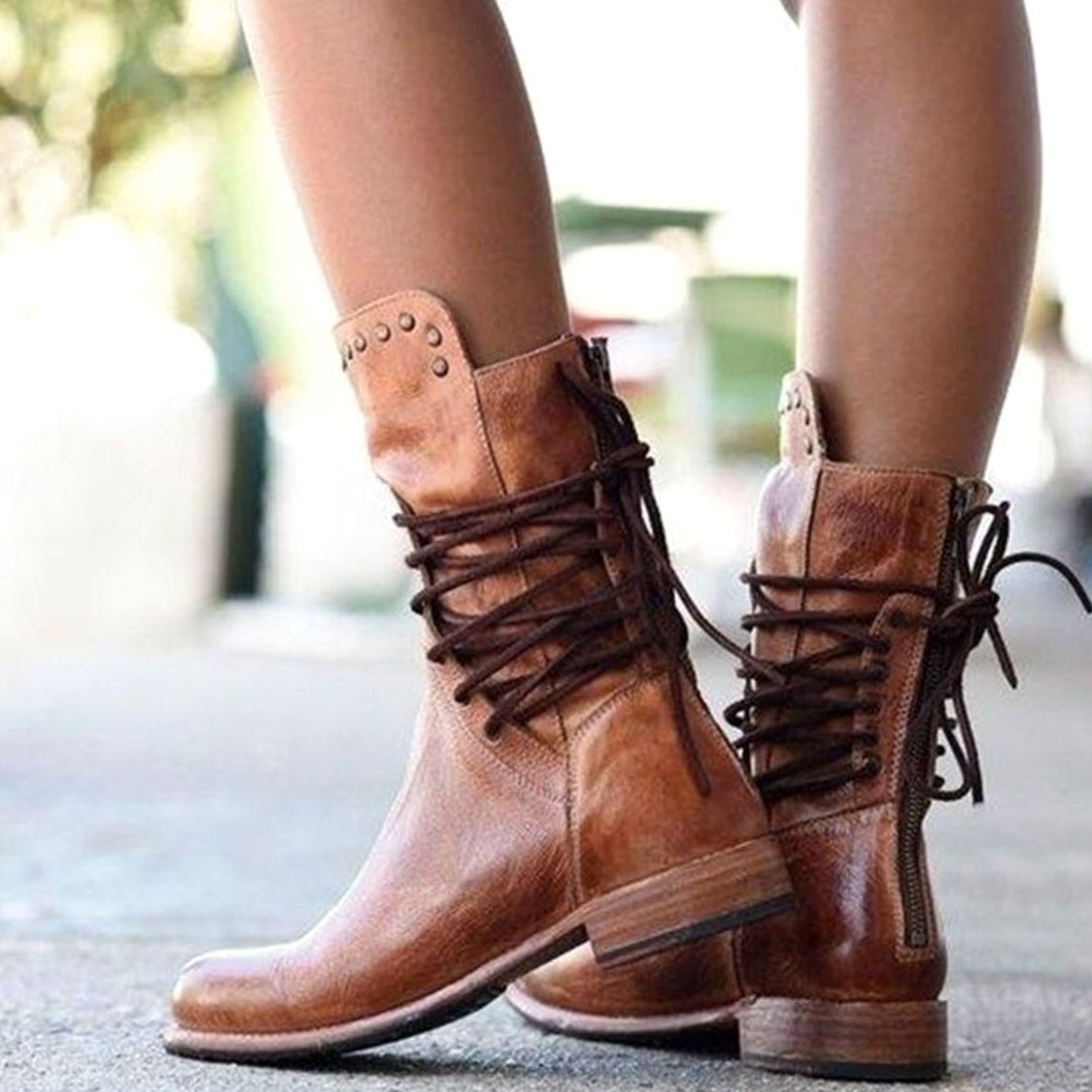 Anna | Enkellaarsjes Dames Vintage Veterschoenen Blokhak Nietendetail