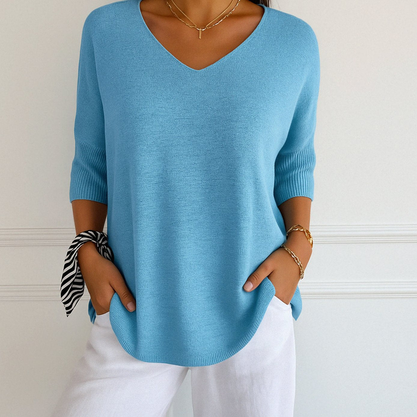 Fleur | Gebreide Trui Dames Luchtige V-hals Korte Mouw Losse Pasvorm