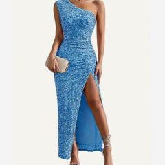 Elin | Glinsterende One-Shoulder Pailletten Feestjurk Dames Maxi Split
