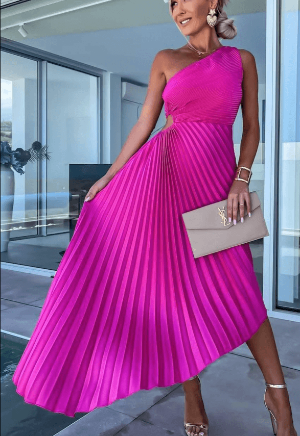 Aubrey | Dames Bruidsgast Jurk One Shoulder Plissé Maxijurk