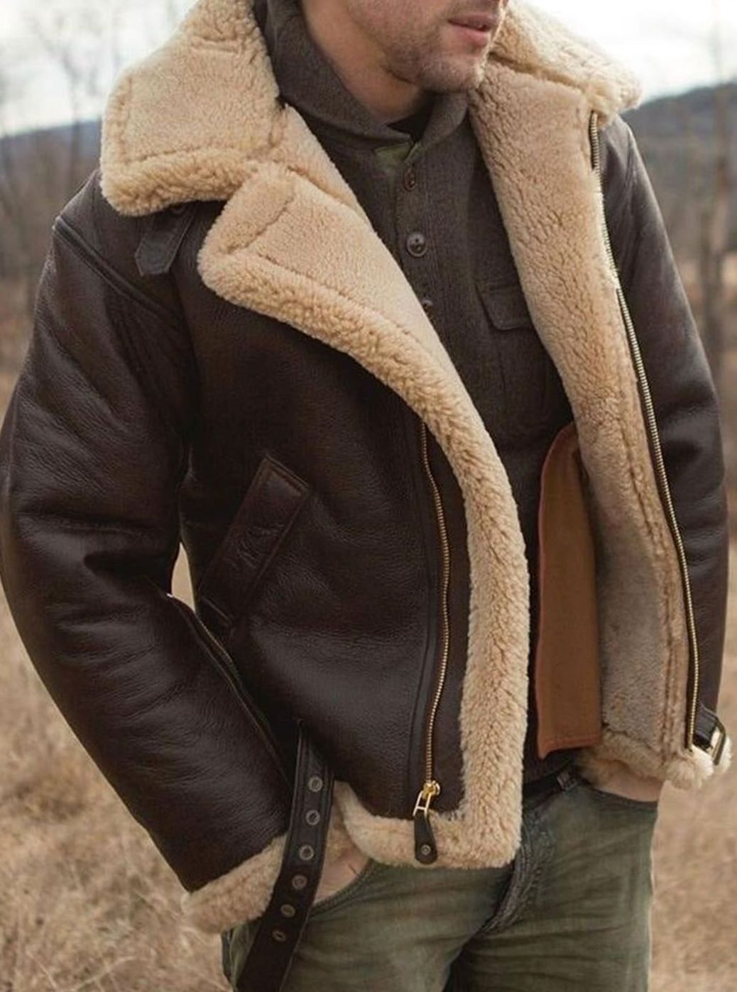 Maximilian | Herren Klassische Lammfell Fliegerjacke mit Reißverschluss
