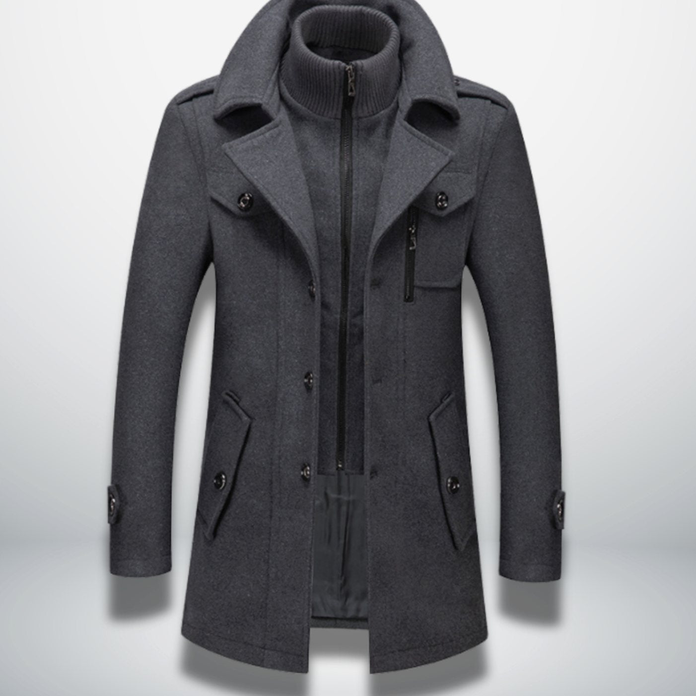 Leon | Herren Smart-Casual Wollmantel mit Knopfverschluss und Stehkragen