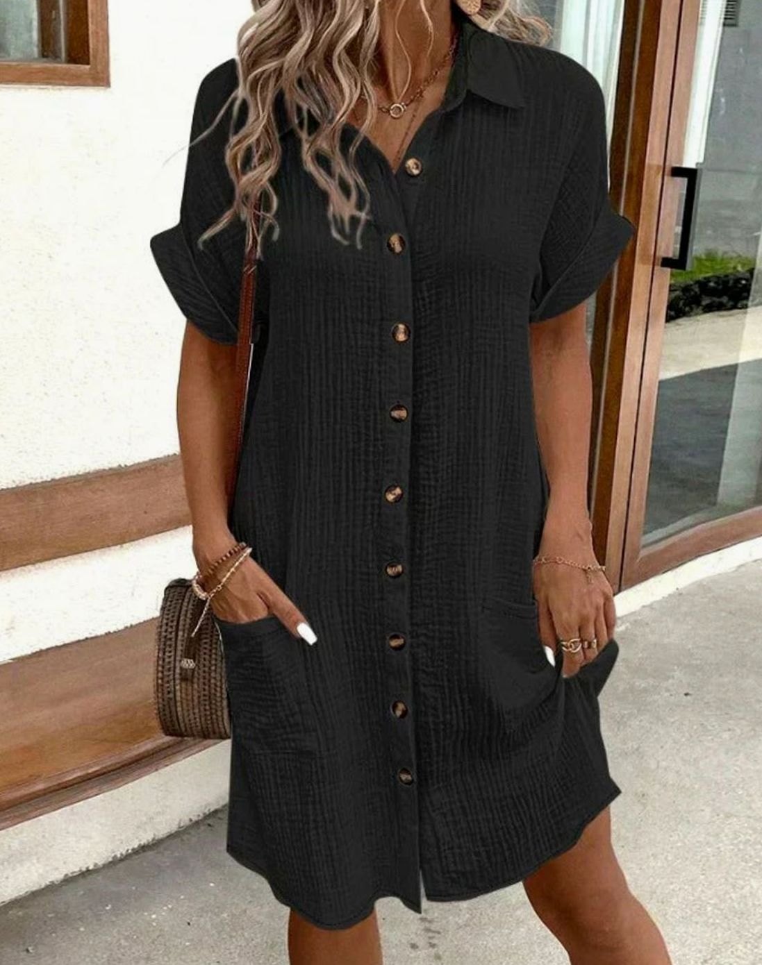 Lieke | Midi jurk dames casual hemdblouse crinkle knopen zakken